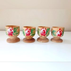 Vintage Hand-painted Wood Egg Cups Mid Century Miniature 60s 70s
